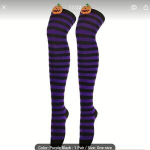 Halloween Purple and Black Over Knee Long Striped Thigh High Socks w/Pumpkins